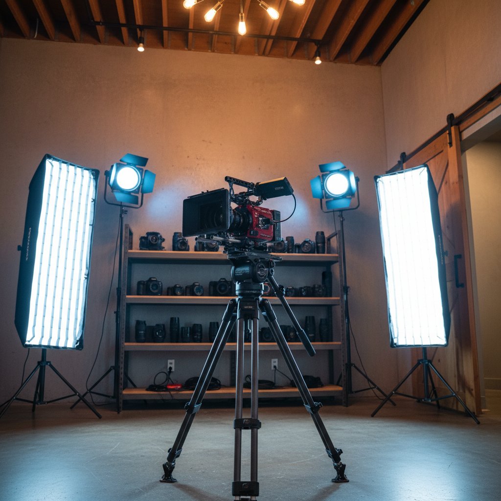 Professional camera and video equipment available for rent including cinema cameras, lenses, and lighting gear